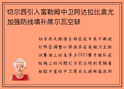 切尔西引入富勒姆中卫阿达拉比奥尤加强防线填补席尔瓦空缺