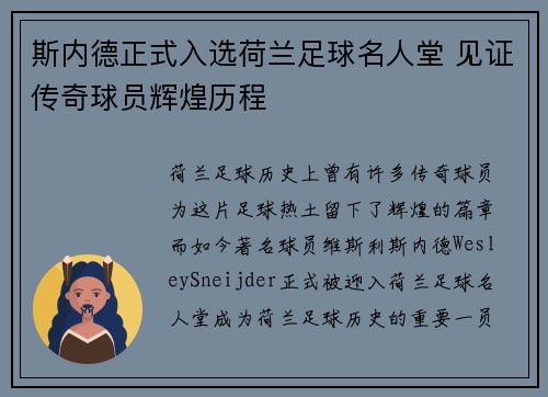 斯内德正式入选荷兰足球名人堂 见证传奇球员辉煌历程